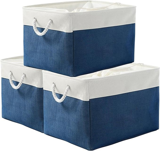 TheWarmHome Organization and Storage Basket for Shelves - Jumbo 3 Pack 20x16x14 inch Collapsible Storage Bins for Organizing, Canves Storage Cubes for Gift Organizer Toys Closet (White & Jean Blue)