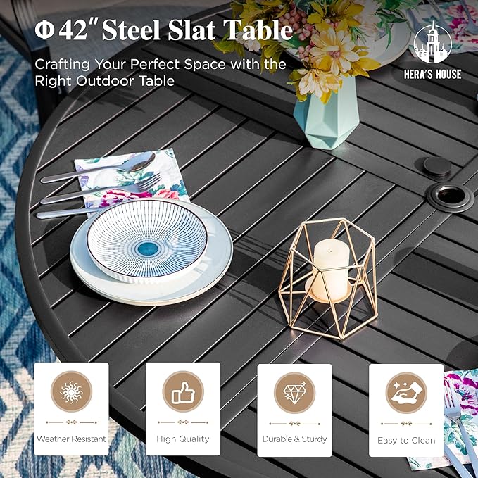 HERA'S HOUSE Outdoor Patio Dining Set of 5, 5 Piece Outdoor Table and Chairs Set of 1 Round Patio Table and 4 Quick Dry Textilene Swivel High Back Rocking Chairs for Lawn, Park, and Garden