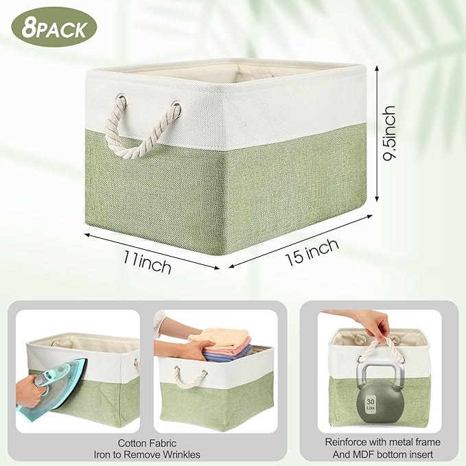 meekoo 8 Pack Collapsible Storage Bins Fabric Storage Bins Polyester Fabric Baskets with Handles Linen Closet Organizer for Shelf Home Closet Towels Toys(15 x 11 x 9.5 in,Green White)