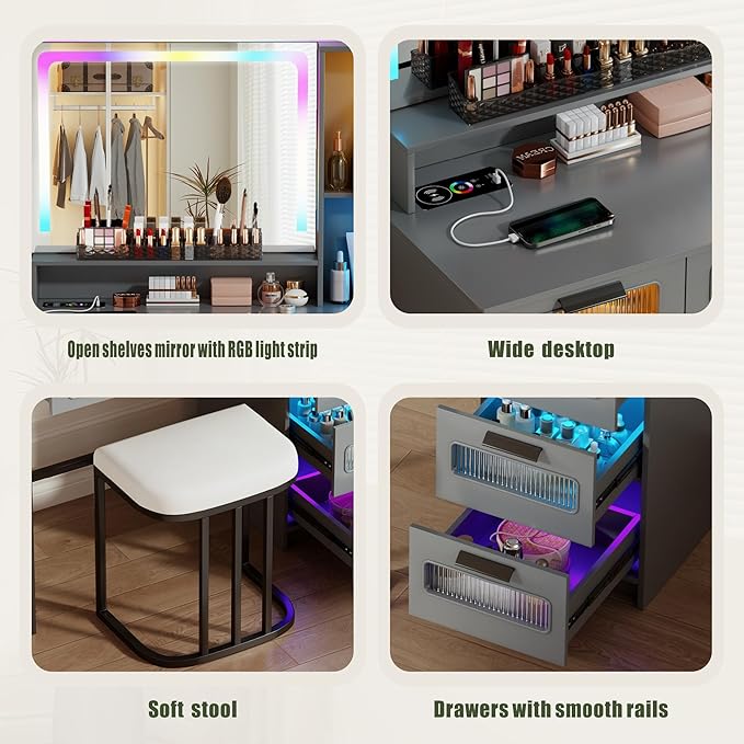 Vanity Desk with Mirror and RGB Lights, Makeup Vanity Desk with Wireless Charging Station,Large Dressing Table Set with Stool,LED Vanity Table with 6 Drawers/Cabinet/Shelves for Bedroom, Grey