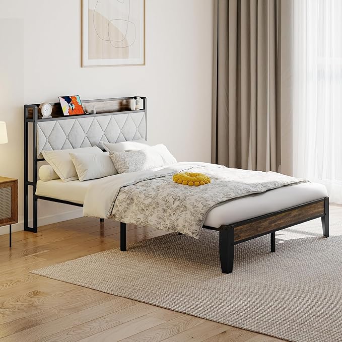 Sweetcrispy Full Bed Frame with Headboard,Spacious Underbed Storage,Integrated Charging Station,Durable Squeak-Free Frame,Simple No-Tool Assembly,Works with Full Mattress No Box Spring Required