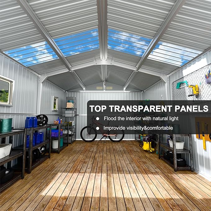 Restland 10x12 FT Outdoor Storage Shed Reinforced Frame Metal Shed with Clear Roof, Air Vent & Lockable Door Large Garden Tool Storage Sheds for Backyard, Garden, Lawn