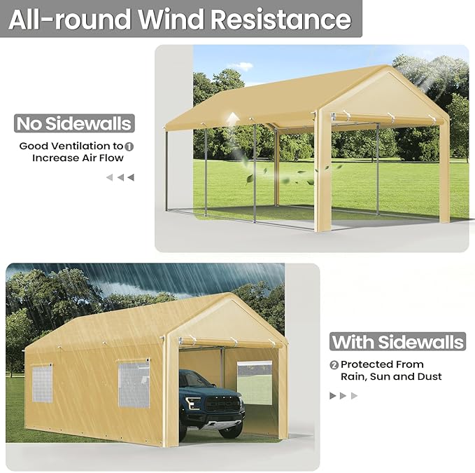 Carport 10x20 Ft, Heavy Duty Car Canopy with Reinforced Ground Bar, Portable Garage with Roll-up Windows and Removable Sidewalls, Galvanized Car Shelter, Large Outdoor Carports (Yellow)