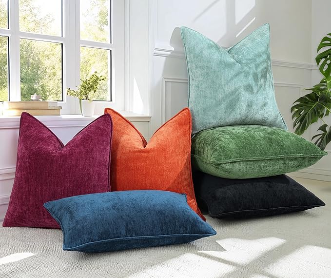 decorUhome Couch Throw Pillow Covers 22x22 Set of 2, Decorative Soft Euro Neutral Chenille Pillow Covers with Elegant Design for Sofa Bed Living Room Home Decor, Moss Green