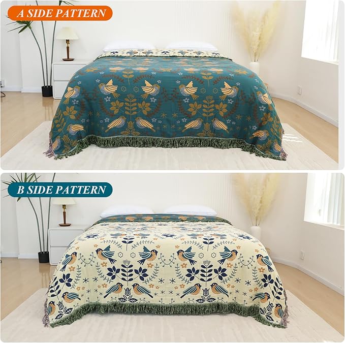 Boho Throw Blanket for Bed-100% Cotton Soft Breathable Farmhouse Decor Boho Quilt for Sofa Bed (Green Floral Bird, 90"x98")