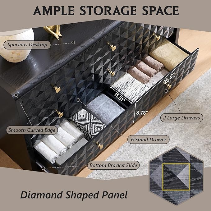 Modern 8 Drawer Dresser for Bedroom, Wooden Large Dressers &Chests of Drawers w/Two Different Drawer Sizes, Mid Century Modern Dresser w/Diamond Panel Decorate for Bedroom, Curved Profile Design,Black