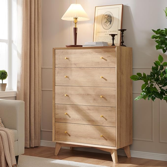 RedLemon 5 Drawer Dresser, 48" Tall Mid Century Modern Chest of Drawers, Beveled Profile Design, Wood Drawer Organizer for Bedroom, Living Room, Hallway, Natural Oak Color