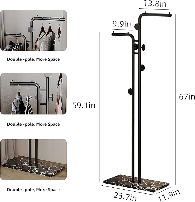 Double-pole Coat Rack Freestanding, Modern Metal Coat Racks Hanger Stand with 5 Hooks and Natural Marble Base, for Bedroom, Office, Hallway, Entryway, Living Room, Black