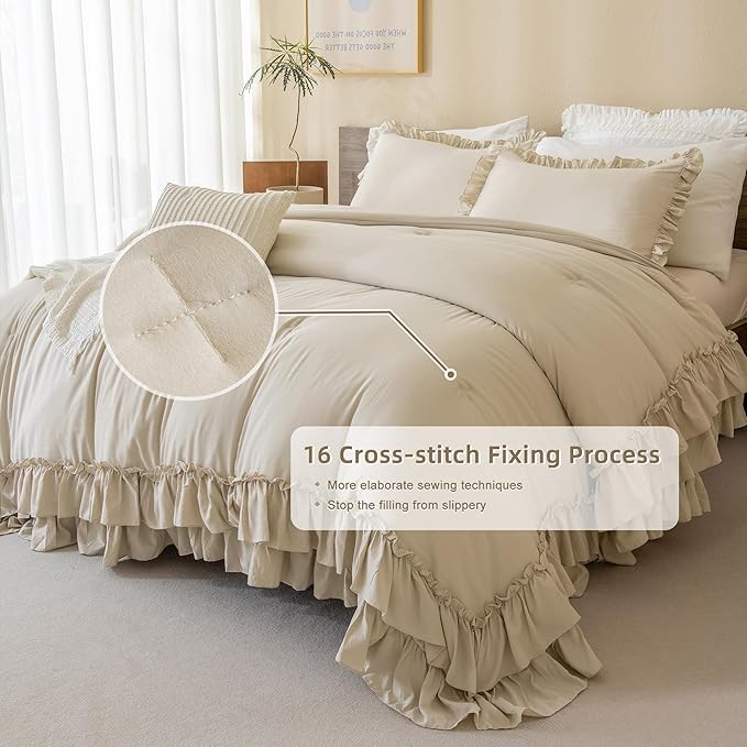 QSH Shabby Ruffled Comforter Queen Size, Farmhouse Wheat Bedding Comforter Set, 3 Pieces Lightweight Vintage Rustic Soft Comforter Queen for Bed, All Season Microfiber Fully Bedding Sets