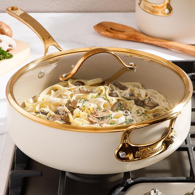 bloomhouse 6 QT Heavy Duty Aluminum Premium PFA Free Ceramic Nonstick Saute/Deep Frying Pan Skillet with Lid - Almond Cream w/Gold Handle