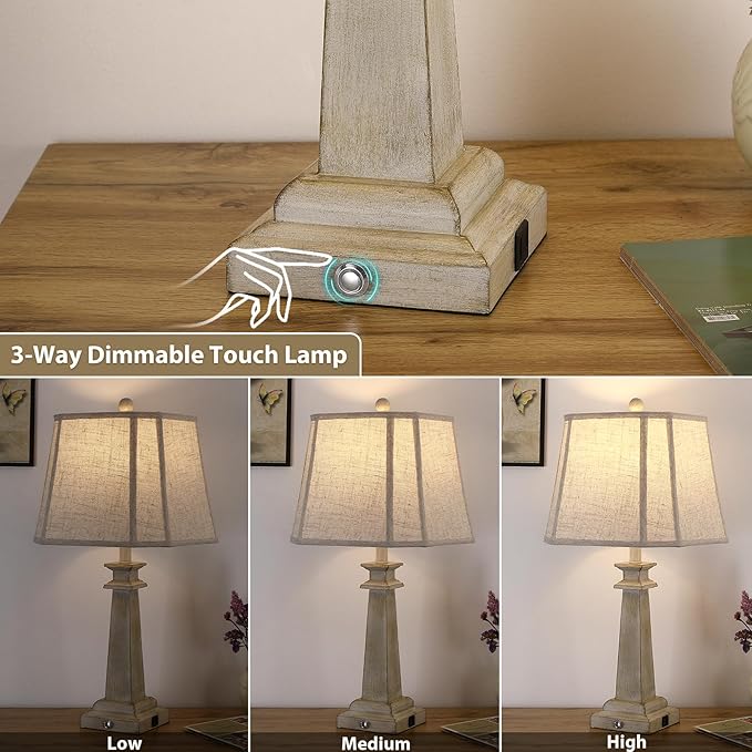 27.5" Table Lamp for Bedroom, 3-Way Dimmable Touch Lamp for Nightstand, Farmhouse Table Lamp for Living Room with USB A+C Charging Ports, Bulb Included (Antique White)