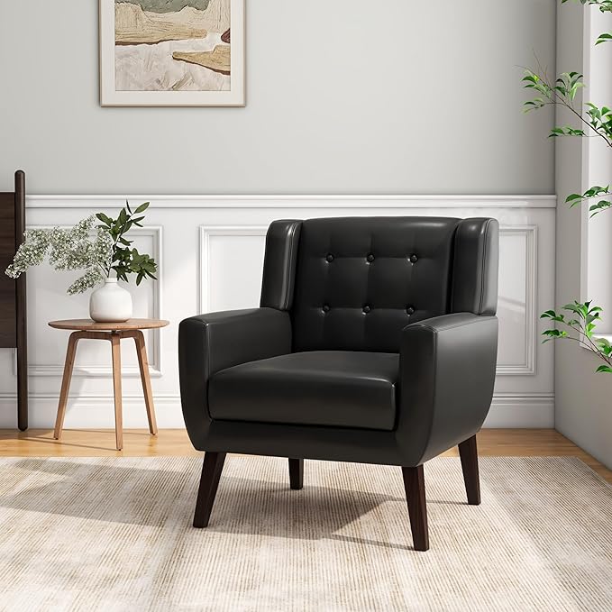 Accent Chair, Mid-Century Modern PU Leather Chairs with Arms for Living Room, Comfy Upholstered Club Single Sofa Armchair for Bedroom Waiting Room with Solid Wood Frame（Leather Black, Set of 2)