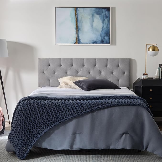 Lucid Mid-Rise Upholstered Headboard - Diamond Tufted - Padded Polyester - Adjustable Height from 34” to 46” - Easy Assembly - Bed Frame or Wall Mount - Sturdy - Stone - Full / Full XL Size