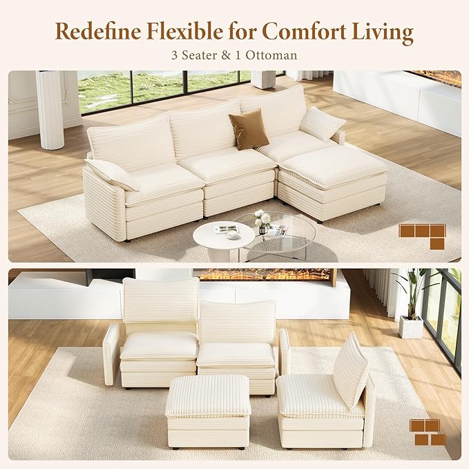 Vesgantti 108" Modular Sectional Sofa, Comfy Cloud Couch with Movable Ottoman Deep Seat Corduroy L Shaped Modular Sofa, Sectional Couches for Living Room, Bedroom and Apartment, Beige