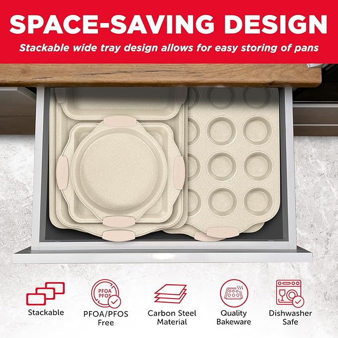 BAKKEN Kitchen Oven Baking Pans - Nonstick Gray Coating, Carbon Steel Bakeware Set with White Silicone Handles, Commercial Restaurant Quality Pans, PFOA, PFOS, PTFE Free, Oven Safe (450° F), Set of 10