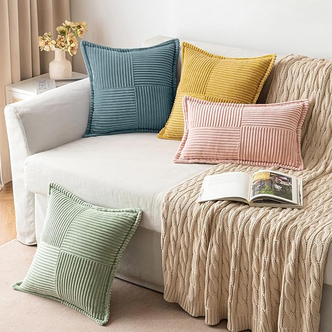 MIULEE Decorative Throw Pillow Covers for Couch Bed Livingroom 18x18 Inch Set of 2 Dusty Blue Boho Accent Throw Pllows Broadside Striped Patchwork Soft Corduroy Summer Coastal Pillowcases