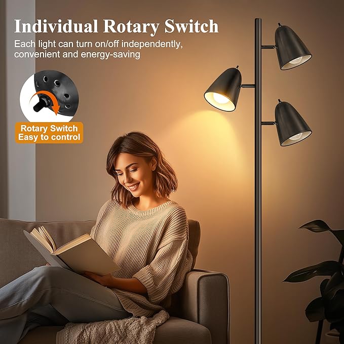 QiMH Tree Floor Lamp with 3 Light Bulbs, Standing Tall Pole Lamps for Living Room Bedroom Office, Reading Stand up Lamps with 3 Adjustable Arms, Black