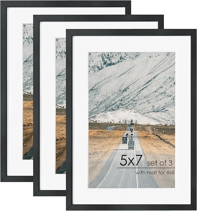5x7 Picture | Metal Picture Frame With Mat For 4x6 | 5x7 Aluminum Frame | 5 x 7 Photo Frame | Plexiglass And Hanging Hardware Included | 5x7 Black Picture Frame | 3Pcs, Black