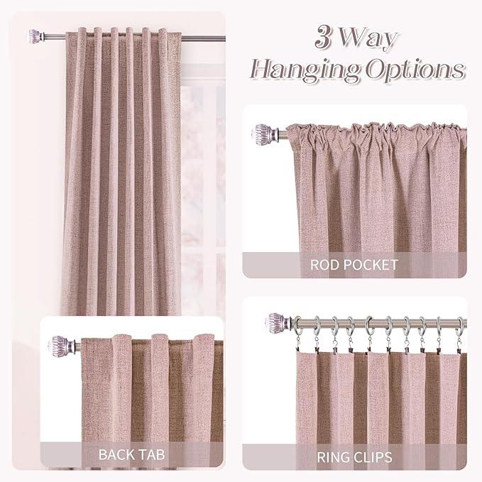 Blush Pink 100% Blackout Linen Curtains 63 inches Long Back Tab Rod Pocket 2 Panels Set Linen Curtain Thermal Insulated Textured Short Blackout Curtains for Nursery Room Darkening 52x63