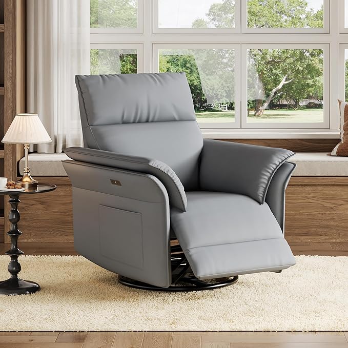 GarveeHome Power Recliner Chair Swivel Glider Upholstered Faux Leather Nursery Rocker Reclining Sofa Chair with Charging Port, Curved Armrests & Padded Backrest (Gray)