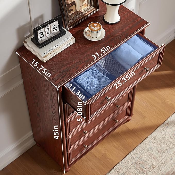 Farmhouse 5 Drawers Dresser for Bedroom, Wood 45" Tall Dressers Chest of Drawers, Kids Dresser Rustic Storage Dressers Organizer with Metal Handle Closet for Living Room, Hallway, Red Oak