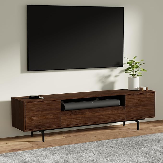 Norrhaus 75-Inch Modern TV Stand – Walnut Finish, 20-Inch Height, No Tools Assembly Technology, Storage Cabinets with Center Channel Speaker Shelf, Mid-Century Modern Design
