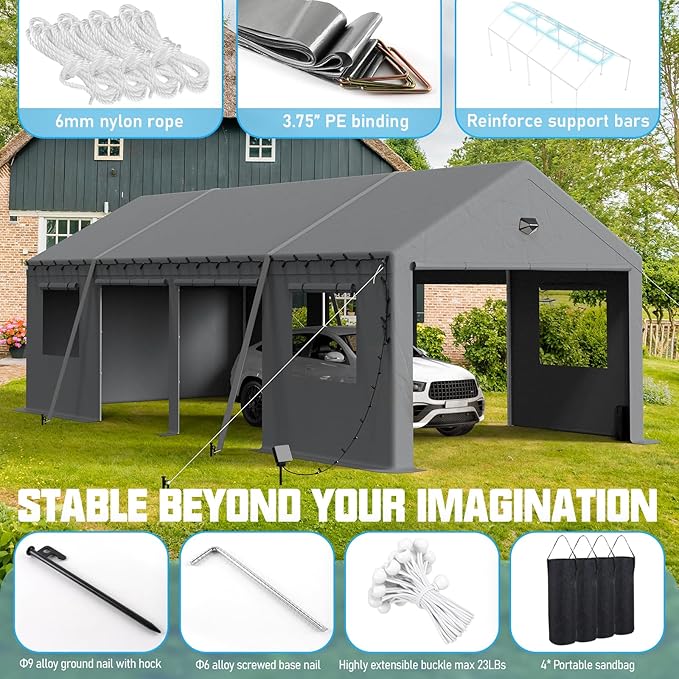 13x25 Carport Canopy, Heavy Duty Car Ports with Sidewalls, Portable Garage Carports with Roll Up Zipper End & Side Doors, Grey