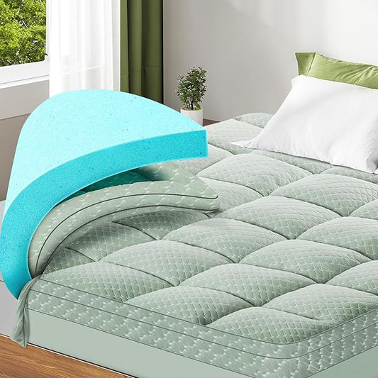 Dual Layer 3 Inch Memory Foam Mattress Topper Full Size, 2 Inch Gel Memory Foam Plus 1 Inch Cooling Pillow Top Mattress Pad Cover, with 8-21 Inch Deep Pocket, Green
