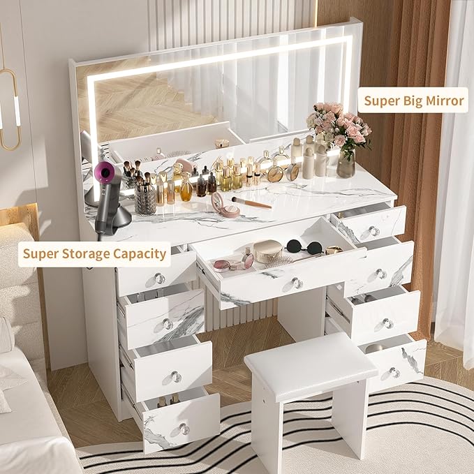 VOWNER Vanity with Lighted Mirror - 47" Makeup Vanity Desk with 9 Drawers and Power Outlet, 3 Color Lighting Modes Adjustable Brightness, Makeup Desk with Soft Cushioned Stool for Bedroom, Marble