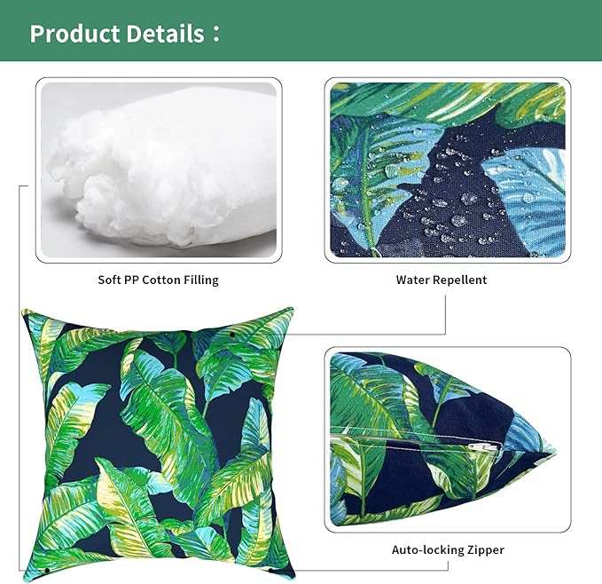 Outdoor Pillows for Patio Furniture 18x18 inch, Square Outdoor Throw Pillows with Inserts, Decorative Toss Pillows for Garden Couch Home Sofa Office Chair, Pack of 2, Hanalei Lagoon