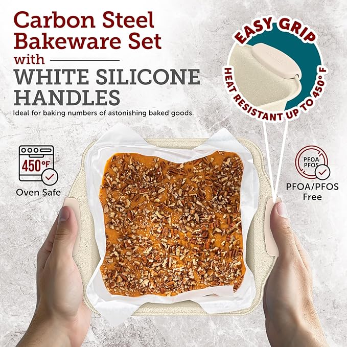 6-Piece Deluxe Nonstick Baking Pan Set - Professional Grade Carbon Steel Bakeware with White Marble Coating & Silicone Handles