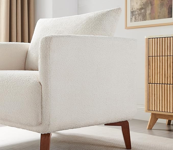 Oversized Accent Chair Modern Boucle Armchair for Living Room- 37" Wide Accent Chair with Solid Wood Legs, White Upholstered Lounge Chair for Bedroom & Office, Cozy Reading Chair (Easy Assembly)