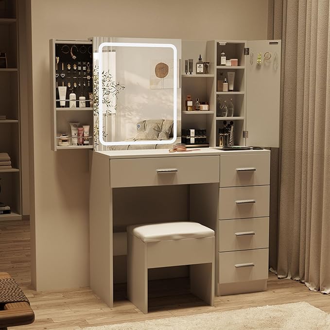 Fameill White Vanity Desk with Mirror and Lights,Makeup Vanity Table Set with Power Strip and Sliding Locker,Visual Drawer Dressing Table with 5 Drawers&Shelves&Cabinet,3 Lighting Modes