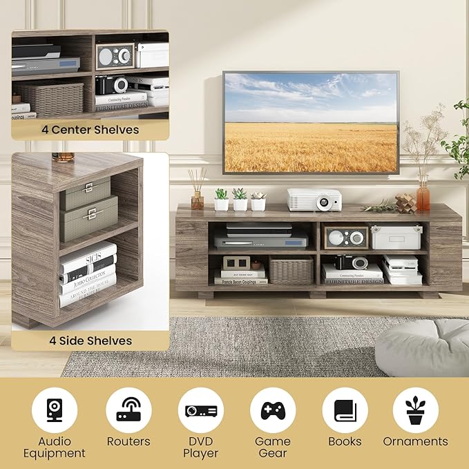 Giantex Modern TV Stand for TVs up to 65 Inch, Wood Entertainment Center w/ 8 Open Storage & Adjustable Shelves, Television Stands w/Cable Holes, TV Console Table for Living Room Bedroom (Black Oak)