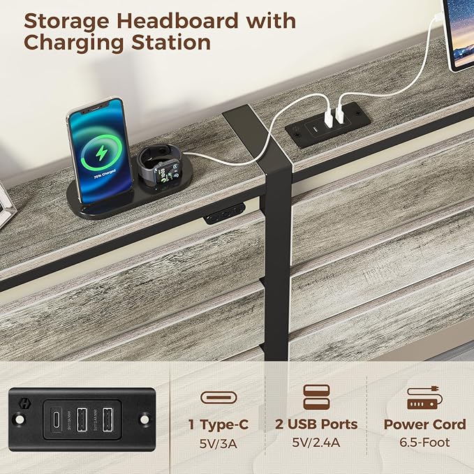 Rolanstar Bed Frame Twin Size with USB Charging Station, LED Bed Frame with Wood Storage Headboard, Light Grey Metal Platform Bed with Under Bed Storage, No Box Spring Needed, Noise Free