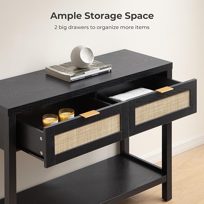 SICOTAS Black Console Table with Rattan Drawers - Boho Rattan Entryway Table with Storage, Small Console Tables for Entryway, Entry Table for Hallway, Sofa Table