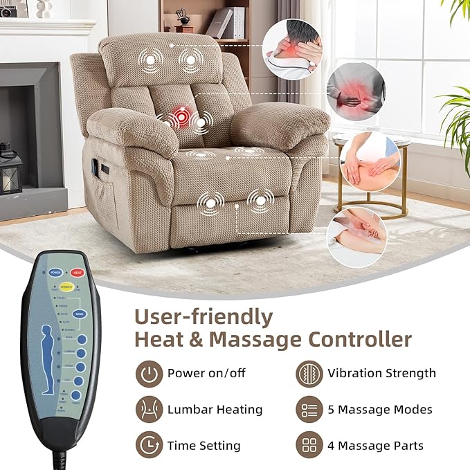 Phoenix Home Oversize Power Lift Recliner Chair with Heat & Massage for Elderly, Extra Large Electric Chair for Adult, Recliners for Living Room,2 Side Pockets, USB and Type-C Port, Light Brown