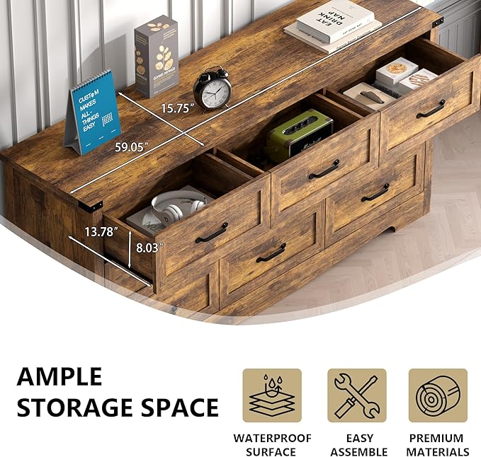 Dresser for Bedroom, 59'' Wide Wooden Chest of Drawers with Natural Wood Texture, 9 Drawer Dresser for Closet with Metal Handles, Sleek Storage Solution for Living Room, Office, Hallway, Brown