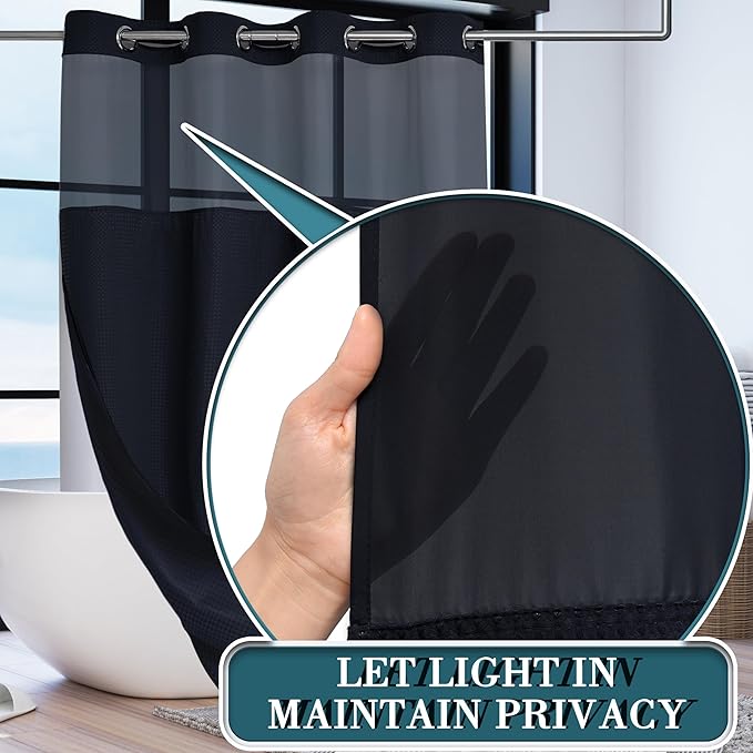 Conbo Mio Stall No Hook Waffle Weave Shower Curtain with Snap in Liner Set, Hotel Luxury Black Shower Curtains for Bathroom with See Through Top Window, Waterproof, Washable 54W x 74H