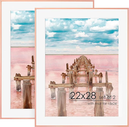 22x28 Metal Picture Frame For Wall With Mat For 18x24, 22''x28'' Aluminum Photo Frames With Tempered Glass, Minimalist Modern Poster Frame Horizontally Vertically Set of 2, Rose Gold