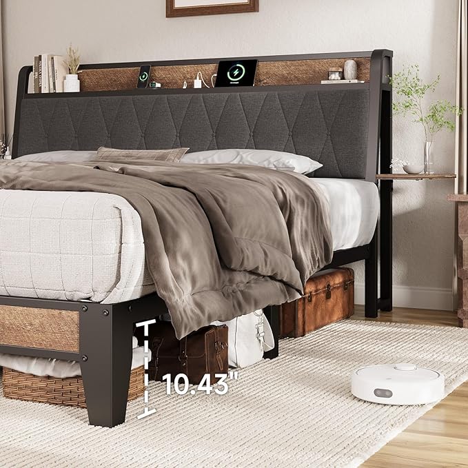 King Size Bed Frame with Side Storage Shelf, Ergonomic Upholstered Headboard with Charging Station, King Platform Bed Frame, Metal Slats Support, No Box Spring Needed, Easy Assembly, Black