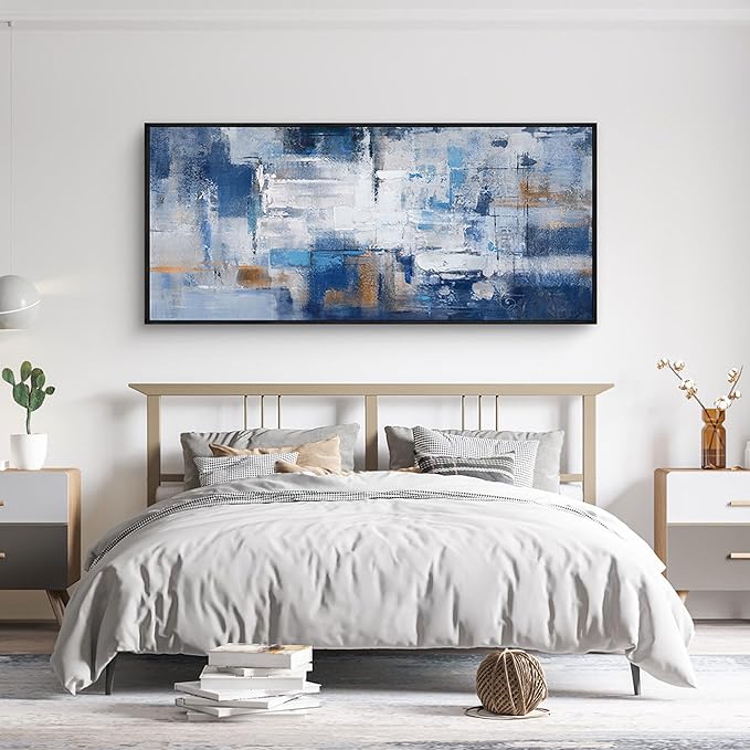 KLAKLA Living Room Wall Art - Navy Blue Abstract Large Paintings Artwork Picture Framed Canvas Bedroom Office Home Decoration Huge Art Work for Wall Decor - 70x31 Inches