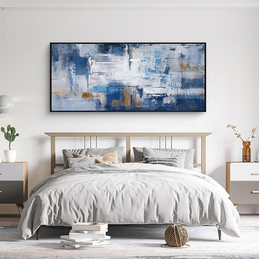 KLAKLA Living Room Wall Art - Navy Blue Abstract Large Paintings Artwork Picture Framed Canvas Bedroom Office Home Decoration Huge Art Work for Wall Decor - 70x31 Inches
