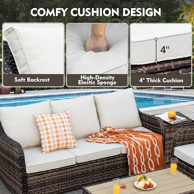 Patio Furniture Set with Swivel Rocking Chairs, 8 Pieces Patio Conversation Set, Outdoor Wicker Sofa Couch with Waterproof Cushions for Lawn Backyard Porch (Brown)
