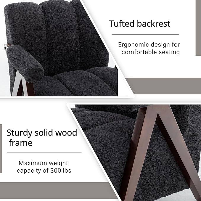 Mid Century Modern Accent Chair with Solid Wood Frame, Boucle Upholstered Living Room Chairs with Thick Cushion, Comfy Tufted Arm Chair for Bedroom, Black