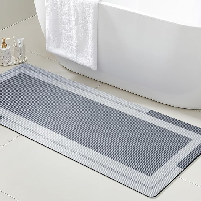ACCUMTEK Ultra Thin Bath Mats Fit Under Door, Upgrade Backing Non Slip Bath Mat, Quick Dry Ultra Absorbent Bath Mat, Machine Washable Bathroom Rugs for Bathroom Floor, Bathtub, Kitchen, Grey, 59"x20"