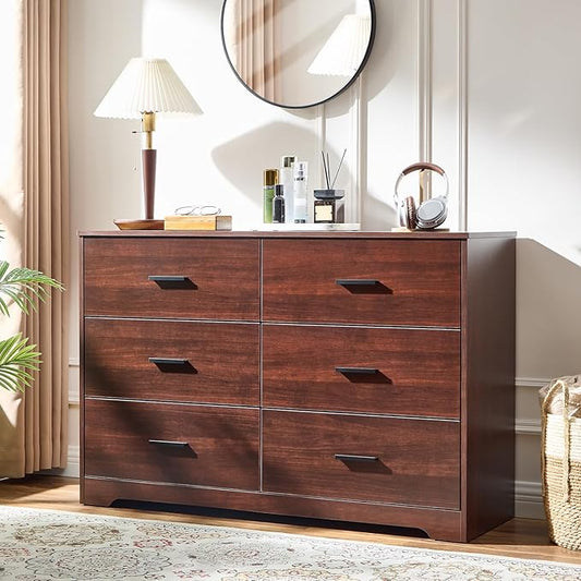 LIDYUK Dark Cherry Dresser for Bedroom, 6 Drawer Dressers & Chests of Drawers, Modern Wood Dresser, 48 Inches Wide Chest of Drawers for Bedroom, Hallway, Living Room