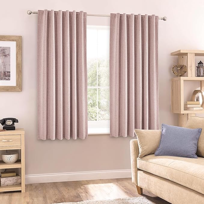 Blush Pink 100% Blackout Linen Curtains 63 inches Long Back Tab Rod Pocket 2 Panels Set Linen Curtain Thermal Insulated Textured Short Blackout Curtains for Nursery Room Darkening 52x63