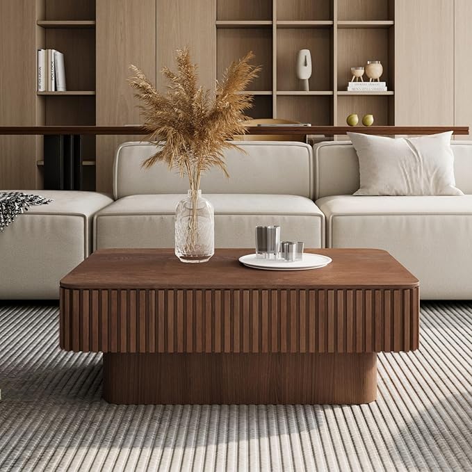 Lift Top Coffee Table for Living Room, Accent Fluted Coffee Table with Storage, Modern Solid Wood Veneered Rectangle Center Tea Table for Small Space Apartment (38.6''D×14''H-Walnut)