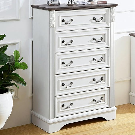 Modern 5 Drawer Dresser, Dressers for Bedroom, Wood Rustic Tall Chest of Drawers with Carved Wood Pilasters, Farmhouse Dressers Organizer for Bedroom, Hallway, Antique White